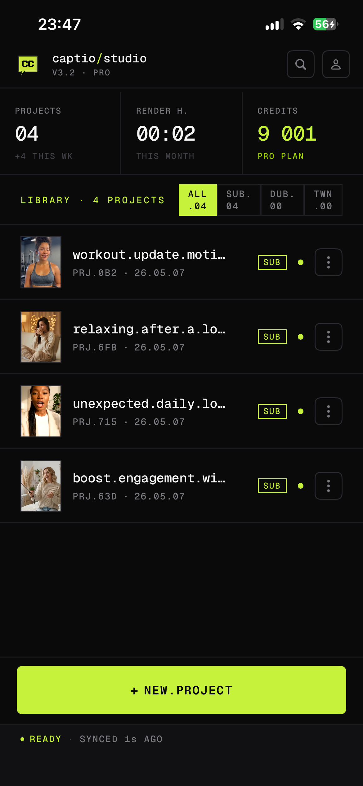 Captio Library showing four projects with status badges and credit counter.