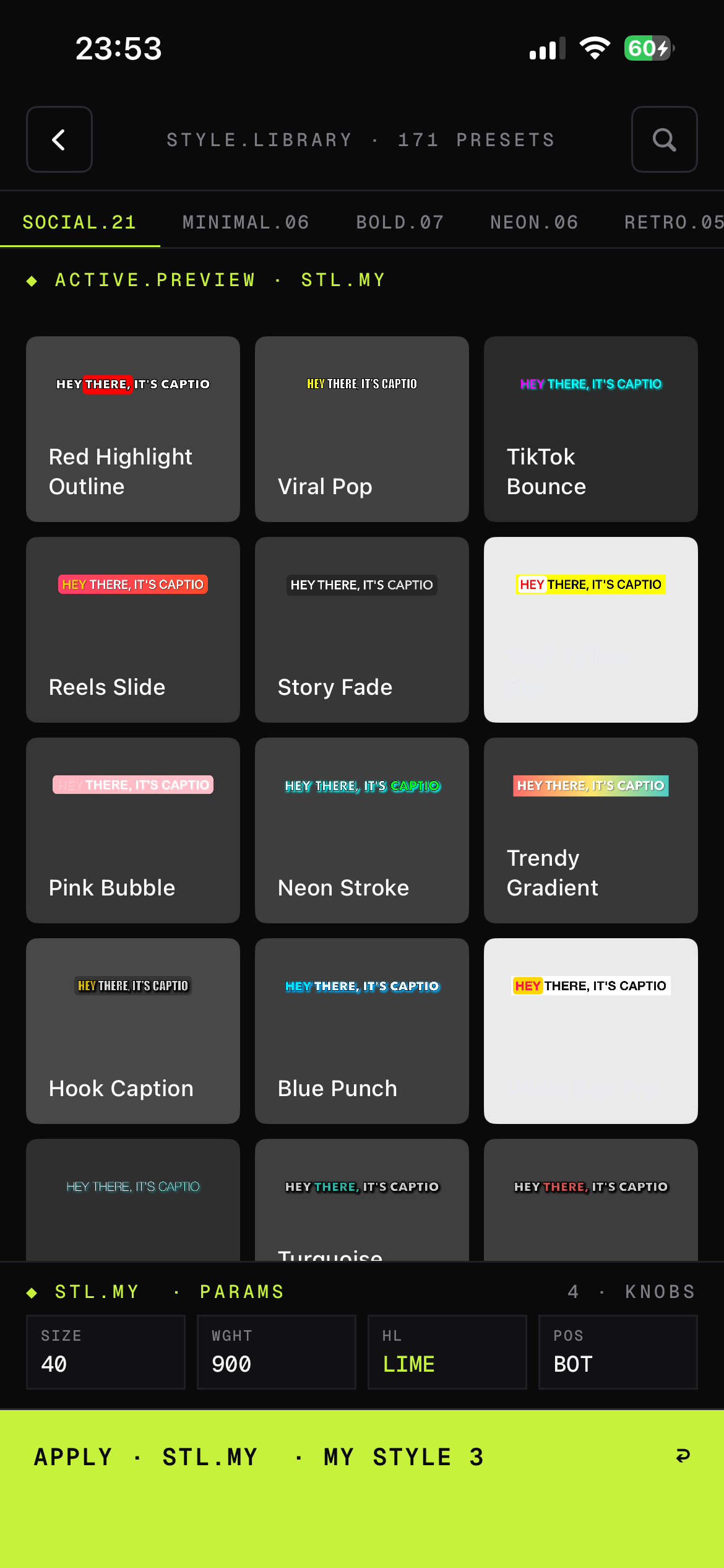 Style Library showing dozens of caption presets including TikTok Bounce, Pink Bubble, Neon Stroke.