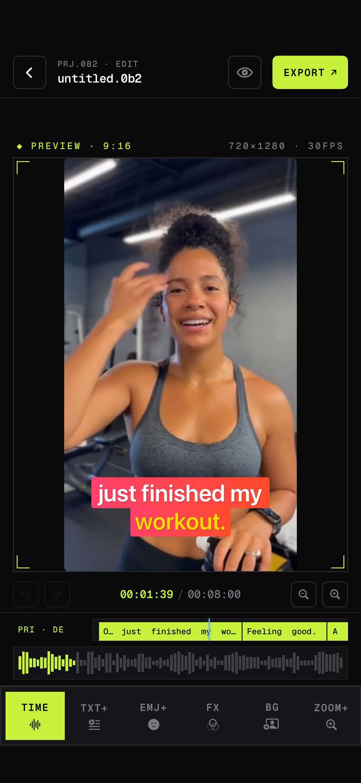 Editor showing a fitness creator clip with a red highlight caption and an audio waveform timeline.